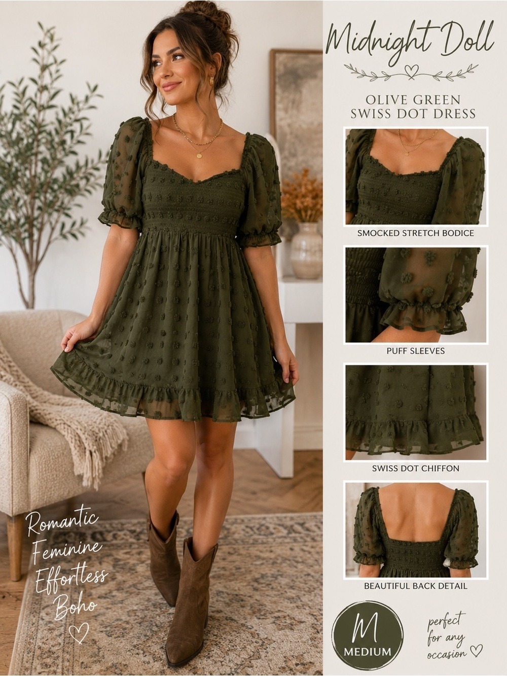 Midnight Doll Olive Green Swiss Dot Smocked Babydoll Dress Medium